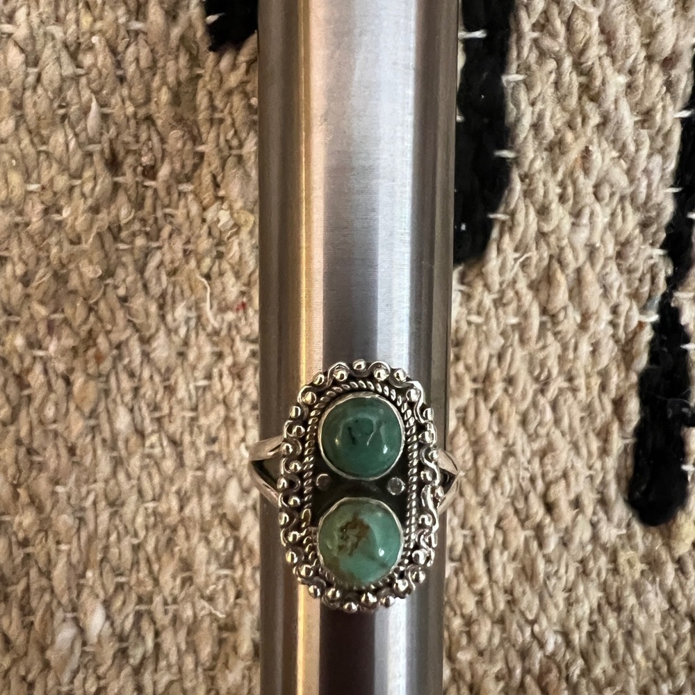 ❤️ Kingman Turquoise 2 Stone 925 Sterling Decorative Sz 6.75 Navajo Ring 3.8 Gm - Picture 10 of 17